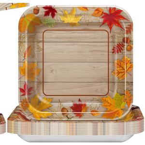 Square Dinner Plate, Dessert Plate, Napkin, Fork, Autumn Leaves Party Tableware Set for Fall Party Supplies Favors