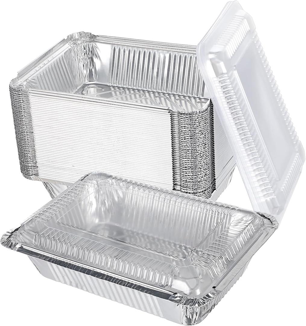Kifmurase 50 Pcs Aluminum Pans with Transparent Lids, 8.5x6.5 Disposable Tin Foil Pan 2.25LB To Go Food Containers Baking Pans for Cooking Heating Roasting Take Out Freeze Meal Prep