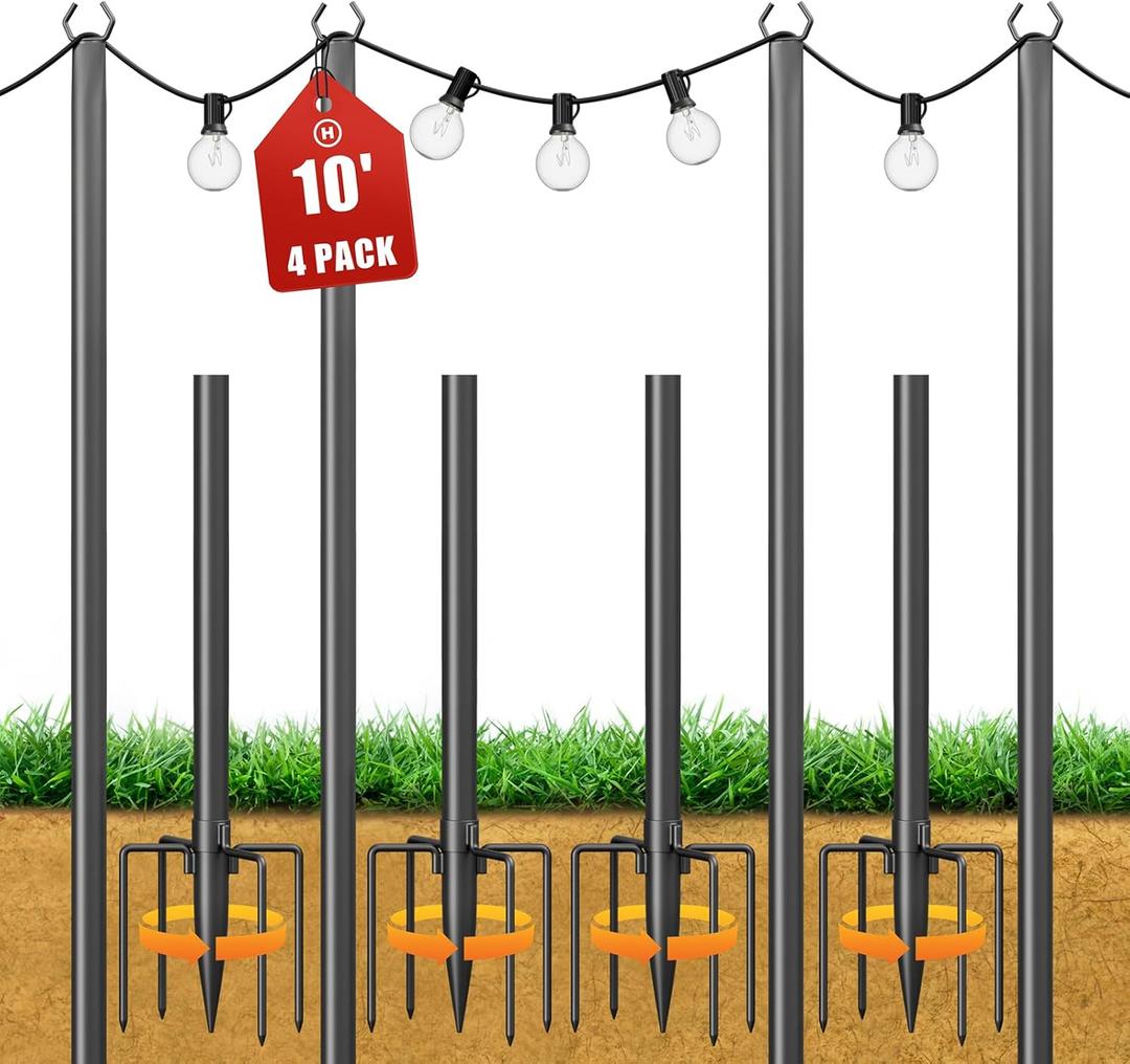 String Light Poles for Outside, 10ft Adjustable Metal Poles for Outdoor String Lights Hanging Light, Outdoor Light Poles with Fork, for Patio, Deck, Backyard, Garden (4 Pack)