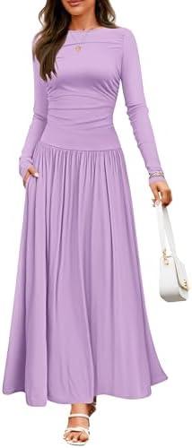 ZESICA Women's Long Sleeve Fall Maxi Dress 2025 Crewneck Knit Casual Slim Swing Pleated Dresses with Pockets M