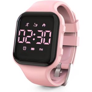 Kids Led Fitness Tracker Watch, Non-Bluetooth Digital Pedometer Wristwatch, Waterproof, 12/24 H, Stopwatch, Calendar, for Children Girls Boys Teens (Pink)