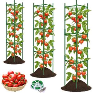 3 Pack Tomato Cages for Garden Support, Up to 48Inch Trellis Assembled Stakes, Plant Support With 66Ft Twist Tie, Fit Vertical Climbing Vegetables, Flowers