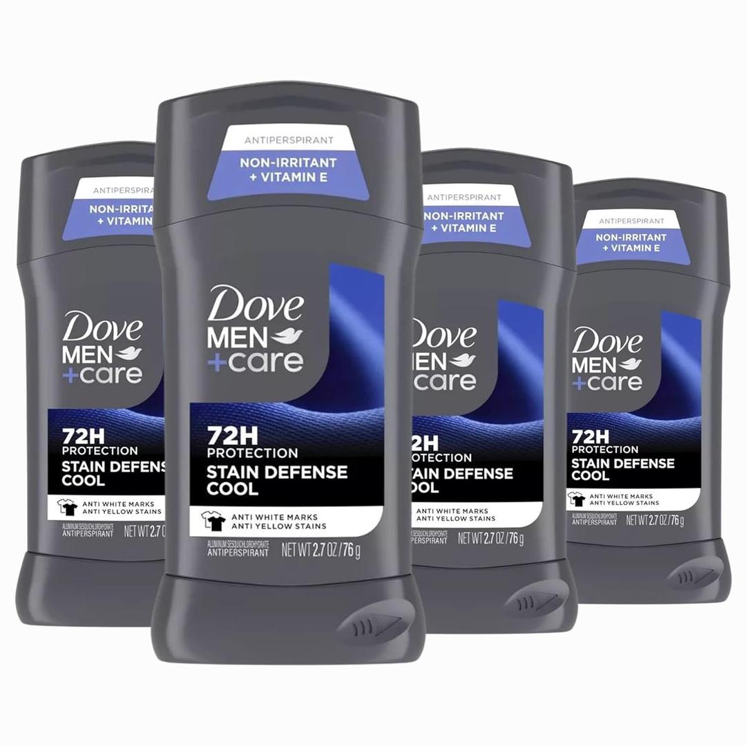 Dove Men+Care Deodorant Stick 4 Count Stain Defense Cool for Men, Anti-white Marks & Anti-yellow Stains with 72-hour Sweat and Odor Protection 2.7 oz