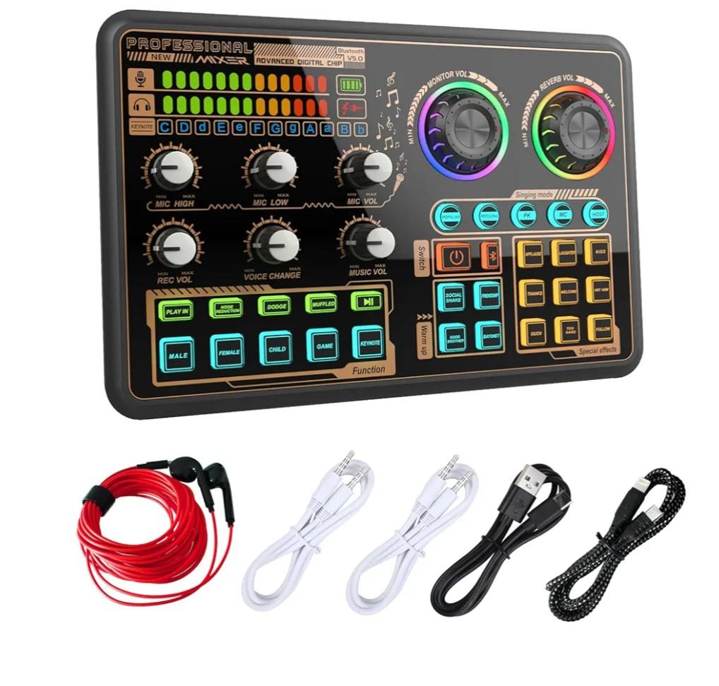Sound Board for Beginners, Audio Mixer with Voice Changer, External Sound Card with Earphone for Phone, Mic, Karaoke, Streaming, Recording, Gaming, Podcasting