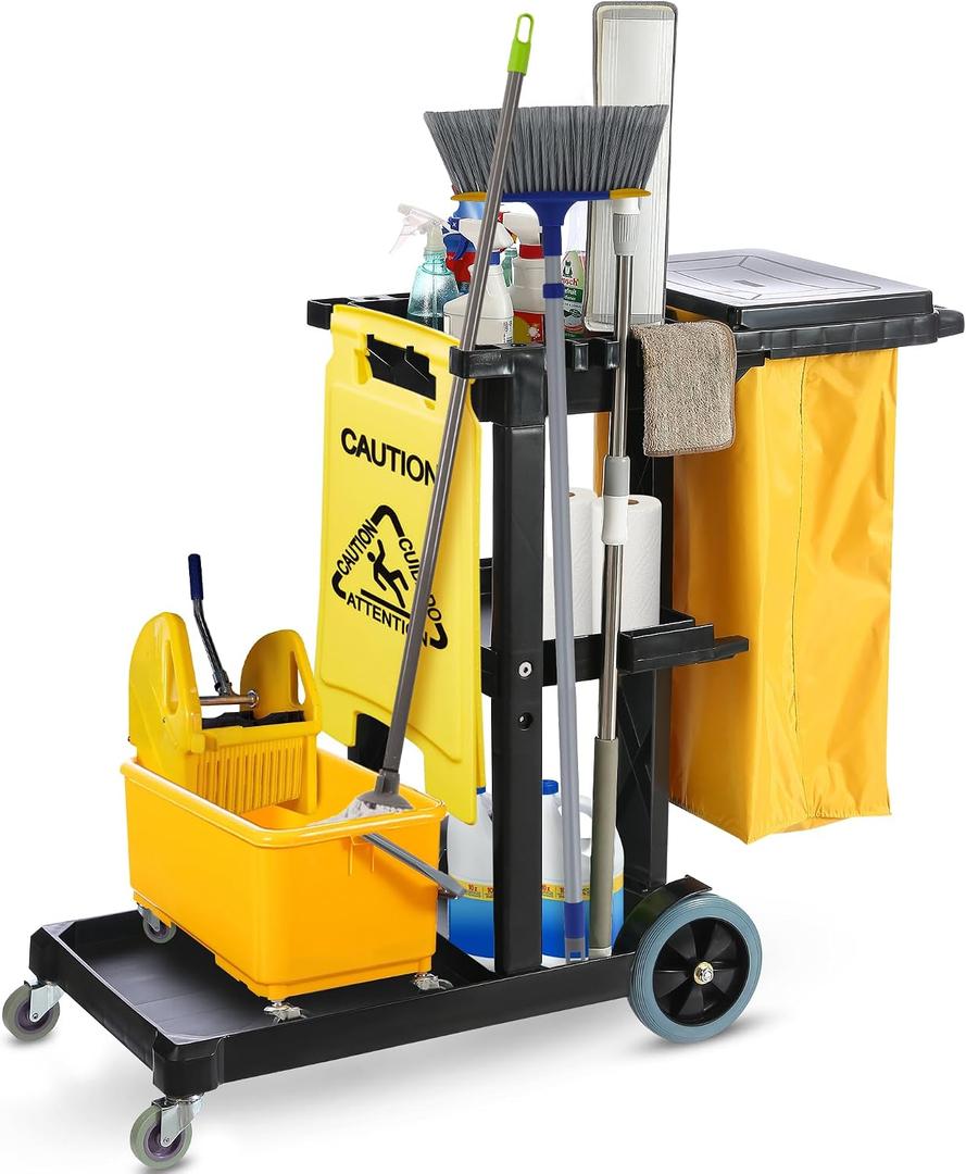 Houseables Cleaning Cart, Janitorial Cart, Cleaning Caddy with Wheels, for Housekeeping, Janitor, Custodian, House Keeping, Maintenance, Rolling Supply Organizer, Custodial, Maid, Commercial, 440 LB