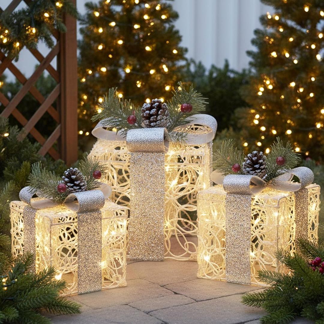 EAMBRITE White Christmas Decorations, Set of 3 Christmas Lighted Gift Boxes, 48 LED Light Up Present Boxes for Indoor Outdoor Party Yard Home Holiday Decorations (White and Silver)