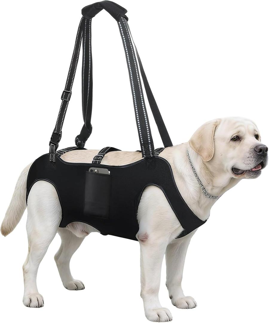 Dog Lift Harness with Pocket Full Body Dog Harness with Adjustable Handle Dog Carrying Sling Pet Legs Support Sling for Senior Dogs Joint Injuries Post Surgery Recovery Hiking,Black,XL