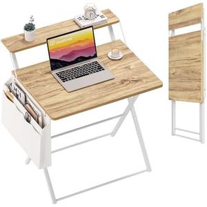 GreenForest Folding Desk for Small Spaces, 31.5 inch Foldable Table with Storage Bag, 2-Tier Portable Computer Desk with Monitor Stand for Home Bedroom, Oak