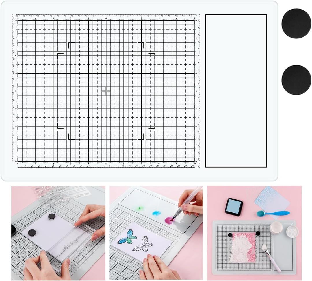 BAOFALI Magnetic Glass Craft Mat; 15.75"x10.24"Heat Resistant Glass Media Cutting Mat W/MagnetsGridlines and Measurements; for Cutting, Stamping, Mixed Media, Heat Embossing and Hot Glue Projects