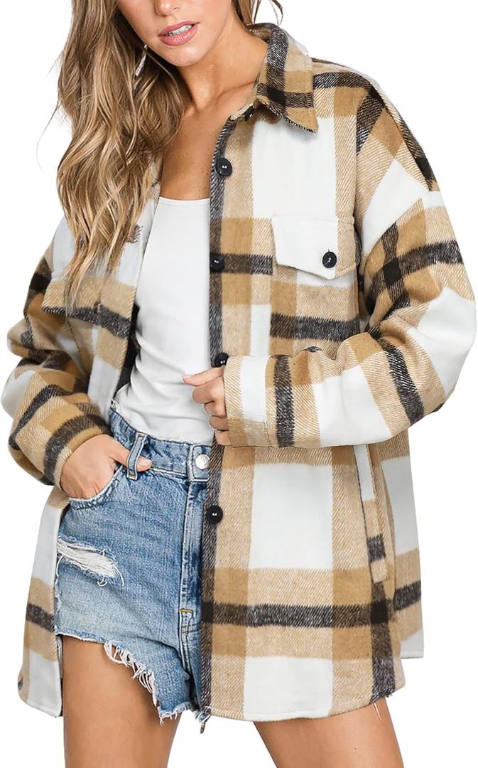 Beaully Women's Flannel Plaid Shacket Fall Winter Outfits Long Sleeve Button Down Shirts Jacket Coats with Side Pockets (X-Large)