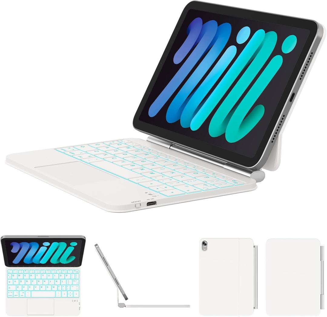 ZYNTHRALIX for iPad mini 7 (A17 Pro, 2024) & Mini 6 (2021) Case with Keyboard, 11Color Backlit with Smart Trackpad, MagicStyle Keyboard Case for iPad mini 7th 6th Gen 8.3inch, White