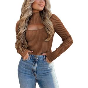 PRETTYGARDEN Women's 2025 Fashion Fall Clothes 2 Piece Cutout Tops Long Sleeve Mock Neck Rib Knit Winter Pullover Sweater (Brown) XL