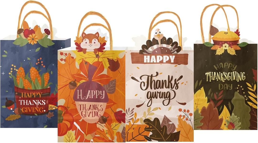 qiqee Fall Thanksgiving Paper Gift Bags with Handles Bulk Medium Pumpkin Harvest Bags Autumn Kraft Paper for Holiday Wedding Birthday Party Supplies 24pcs (8.7"10.6"4.3")