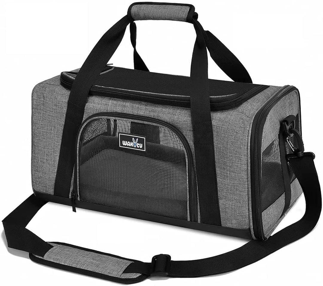 Wakytu TSA Approved Pet Carrier for Small Cats Dogs, Travel Bag with Adequate Ventilation, 5 Mesh Windows, 3 Entrance, Locking Safety Zippers, Padded Shoulder and Carrying Strap, Small (17.7"L x 11.0"W x 8.3"H, 1.0 Grey)