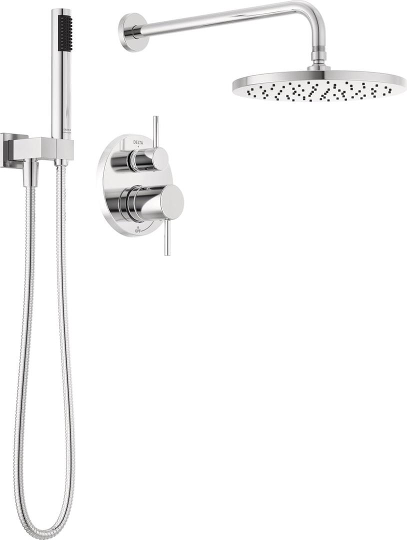 Delta Modern 14 Series Round Rain Shower System Faucet Set, Rainfall Chrome Shower Head and Handle Set, Valve Trim Kit, 10 Inch, Chrome 342702