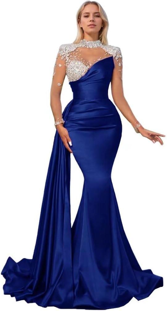 High Neck Mermaid Prom Dresses Long Sleeves Sweetheart Tulle Beaded Satin Pleated Tight Formal Dresses Evening Party Gowns (16 Plus, Navy) High Neck Mermaid Prom Dresses Long Sleeves Sweetheart Tulle Beaded Satin Pleated Tight Formal Dresses Evening Party Gowns (16 Plus, Navy)