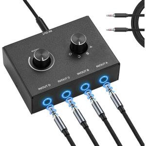 4 Way 3.5mm Stereo Audio Switch, AUX 3.5mm Audio Switch Audio Switcher Passive Speaker Headphone Manual Selector Splitter Box Audio Sharing (4/1 in -1/4 Out) (Black)