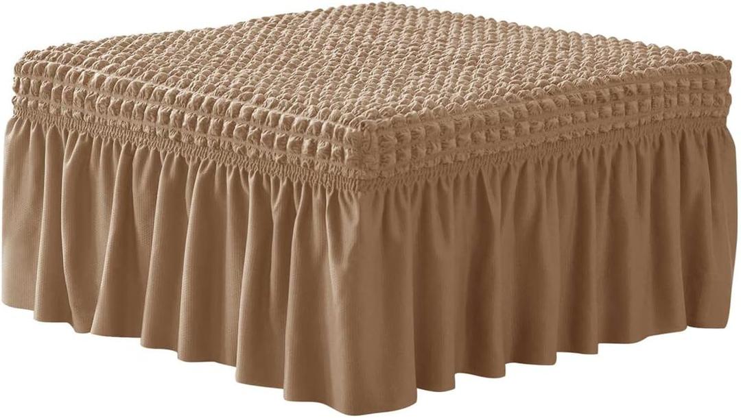 3D Bubble Lattice Rectangle Ottoman Slipcover Polyester Footstool Protector Covers with Skirt Stretch Stool Covers for Living Room and Bedroom (Light Brown)