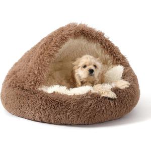 NOYAL Round Hooded Donut Dog Bed for Small & Medium Pets - Plush Fluffy Anti-Anxiety Cat Cave Bed with Cover (Small 19.6'', Brown)
