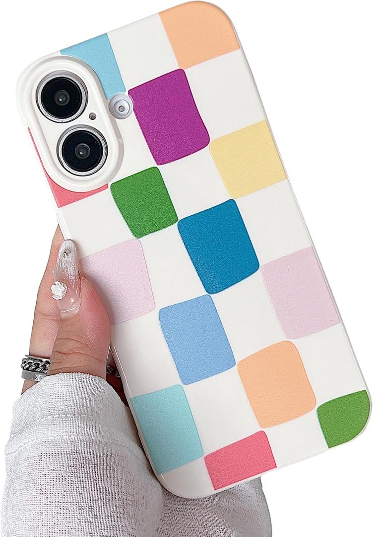 Compatible with iPhone 16 Plus Case Cute Aesthetic Checkerboard Checkered Pattern Design for Girls Women, Soft Silicone Shockproof Protective Designed for iPhone 16 Plus Case-Colorful