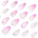 3 x Summer Press on Nails Medium Almond Fake Nails with 3D Pearl Water Ripple Design Seashell Glue on Nails Ombre Pink Nude False Nails Glossy Reusable Handmade Nails for Women Girls Manicure 24pcs