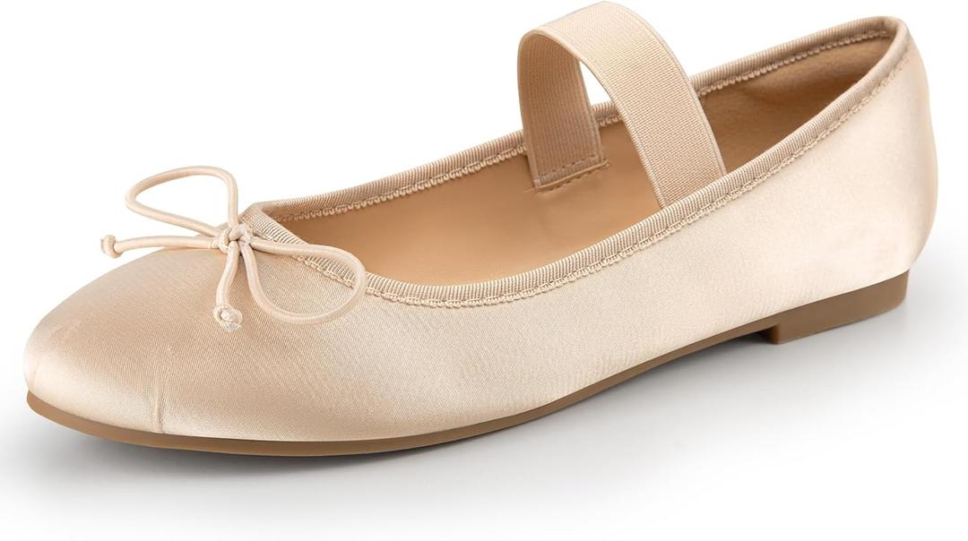 Trary Ballet Flats for Women Closed Round Toe Mary Jane Shoes Women Cute Bowknot Non-Slip Dressy Shoes Elastic Strap Comfortable Women's Flats for All-Year Daily Work Causal (7, Apricot)