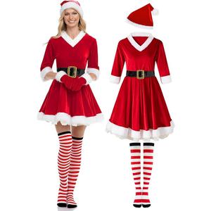 Women's Christmas Costume Set Velvet Dresses Party Dresses Women's Christmas Gowns Christmas Hat Gloves for Cosplay Size L