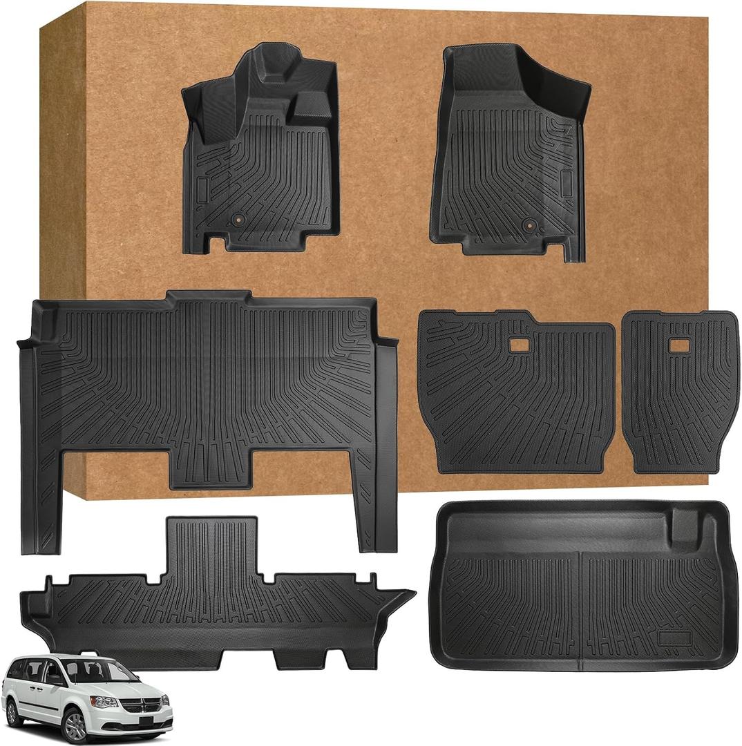 Floor Mats Full Set for Chrysler Town & Country 2008-2016(ONLY Stow'n Go)
for Dodge Grand Caravan 2008-2020, TPE All Weather Protection Custom Fit Floor Liners & Backrest Mat & Cargo Liner