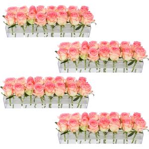 4 Pack Clear Acrylic Flower Vase Centerpiece for Dining Table,63.2 Inch Rectangular Floral Low Vases with 64 Holes for Dining Table Modern Flower Arrangement for Home Decor or Weddings
