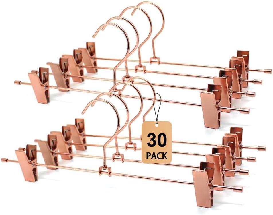 Rose Gold Metal Wire Clips Pants Bottom Clothes Hangers, 30 Pack Heavy Duty Trousers With Adjustable Clips, 13.8" Space Saving Hangers for Legging Garment Jeans