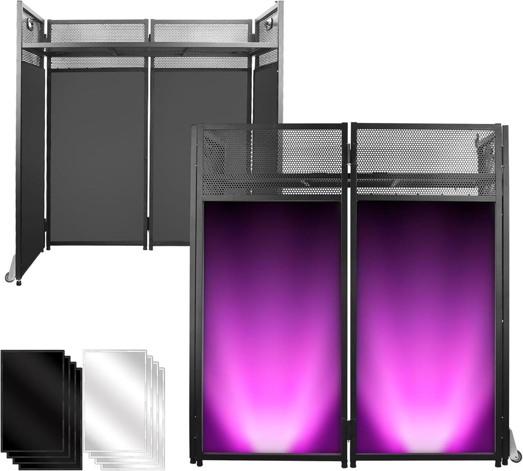 DJ Facade Booth Table 41" x 43"x 20"-Portable with Black&White Lighting Scrims Flat DJ Booth Panel-Black Metal Frame with 2 Extra Wheels for Show, Party (Black)