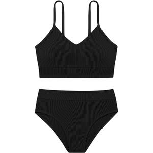 Girls Swimsuits Adjustable Straps V Neck Ribbed Bikini Set Teen Girl Swimming Bathing Suit 2 Pieces Swimwear (13-14 Years, Black)