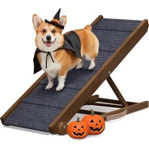 Adjustable Dog Ramp for Bed - Foldable Wooden Ramp for Dogs to Get on Bed, Couch, or Car with 13.4" Wide Walking Space (Walnut Wood with Gray Carpet, Medium)