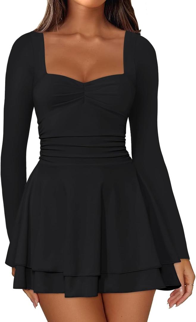 IWD Women's Square Neck Long Sleeve Mini Dress Ruched Corset Waist Tiered Ruffle Hem A Line Short Party Dresses,xs