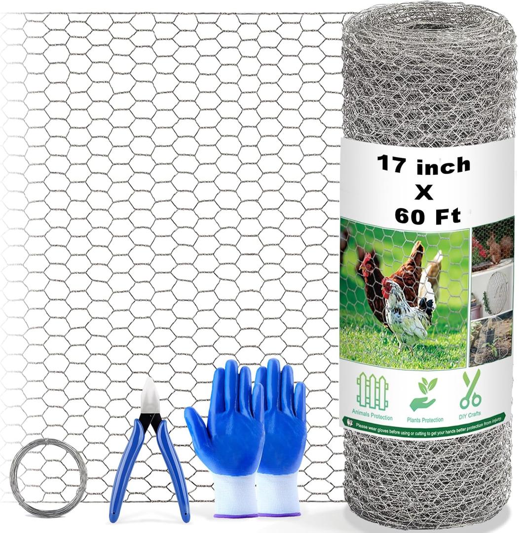Chicken Wire Fencing Mesh, 17 Inch x 60 Feet Metal Floral Chicken Wire Fence for Crafts Poultry Garden, 0.6 Inch Hexagonal Galvanized Hardware Cloth Netting for Chicken Coop Barrier Rabbit Cage
