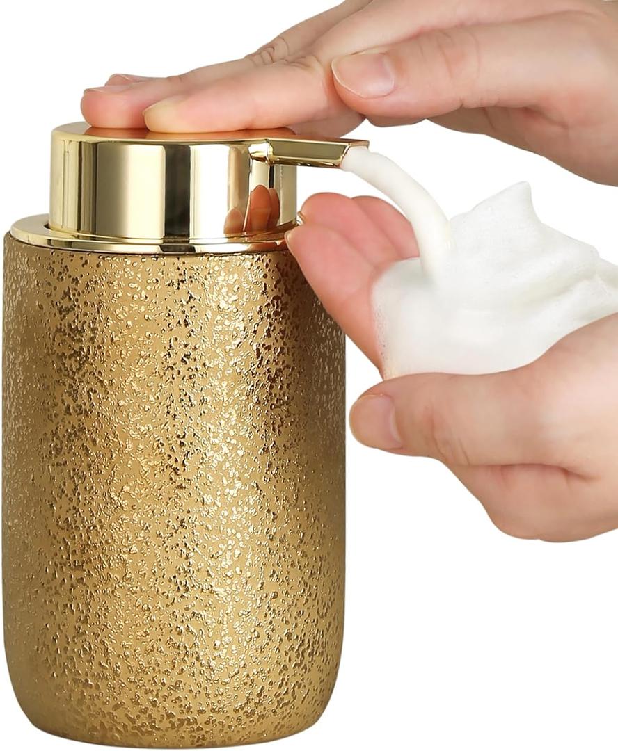 Gold Foam Soap Dispenser,Foaming Soap Dispenser with Plastic Foam Pump for Bathroom&Kitchen,12oz Ceramic Foaming Dispenser for Dish Soap,Hand Wash (Classic Bright Gold)
