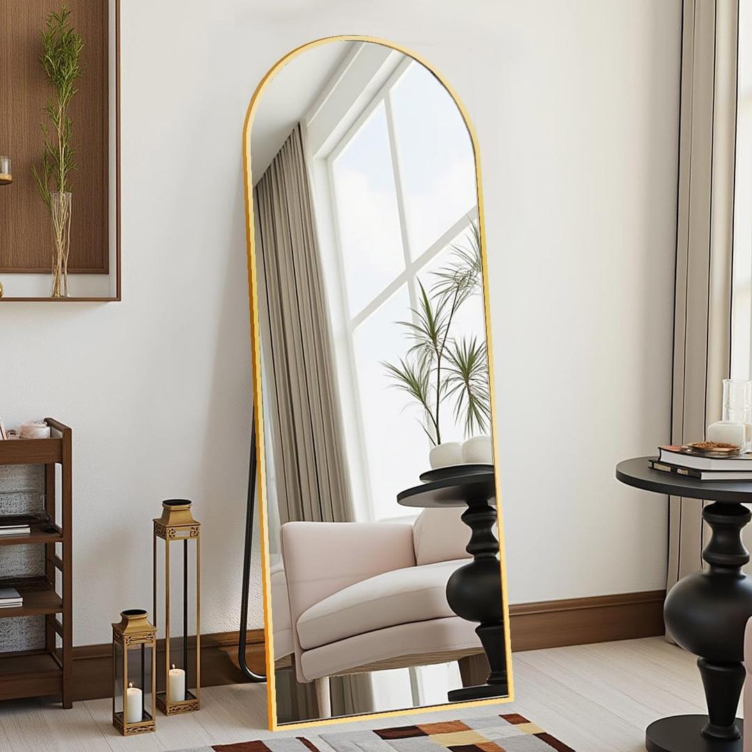 58"x18" Arched Full Length Mirror - Floor Standing or Wall Mounted with Stand, Aluminum Frame & Shatter-Proof Glass, Gold Freestanding Mirror for Bedroom, Living Room, Entryway Decor