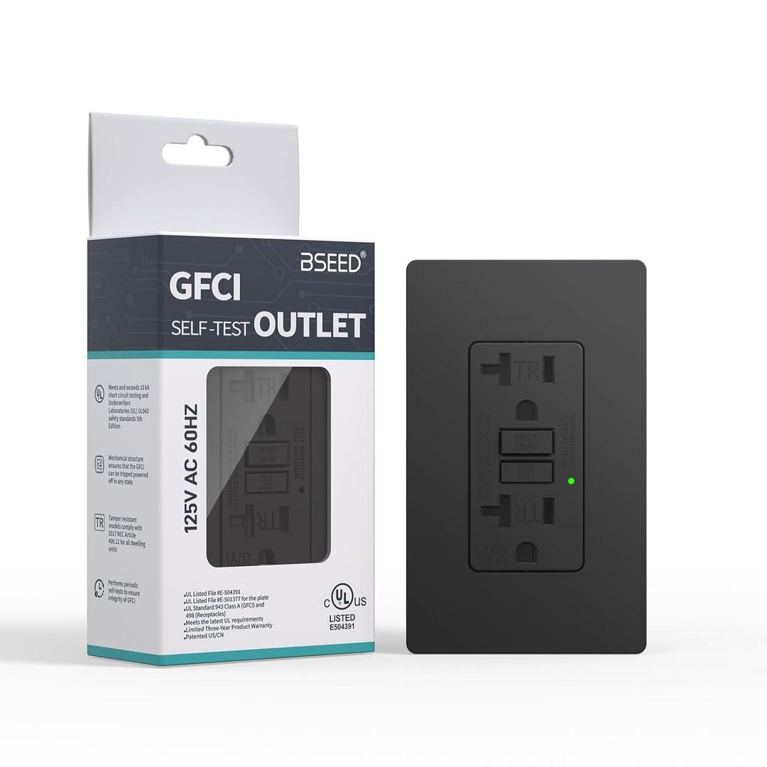 BSEED GFCI Outlet 20 Amp, Self-Test GFI Electrical Outlet with LED Indicator, Weather & Tamper Resistant GFCI Receptacle, Ground Fault Circuit Interrupters with Wall Plate, UL Listed, Black (20Amp-1 Pack)