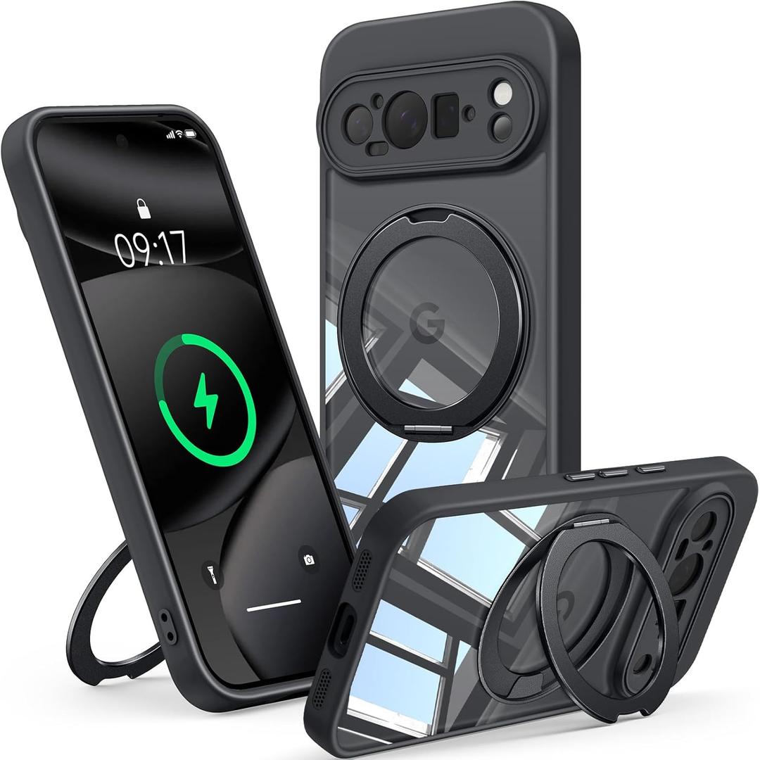 360Spin Magnetic Stand Case for Pixel 10 Pro XLFit for MagSafe & Pixelsnap Cover with Ring HolderCrystal Clear Camera Protection Phone Google 10 Pro XL Cases - Black