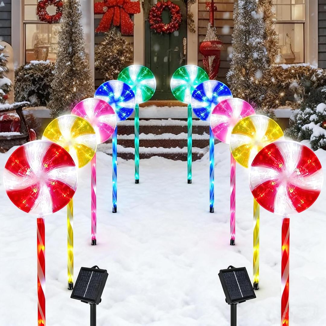 BRIGHTDECK Lollipop Solar Christmas Pathway Lights Outdoor, 10 Pack LED Christmas Decor with 8 Lighting Modes, Light Up Solar Stake Lights for Holiday, Xmas, Walkway, Sidewalk (Multicolour, 10 PCS)