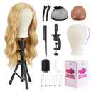 Wig Head Stand 23 Inch, Wig Stand with Head Wig Stand Tripod with Mannequin Head Stand, Wig Head Stand with Canvas Head for Wigs Making Display with Table Clamp, Wig Caps, Pins Set(Wig not included)
