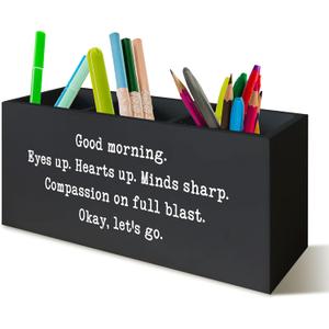 Positive Black Pen Holder for Desk, Inspirational Desk Decor, Funny Gifts for Coworkers Women Men Wooden Pen Pencil Holder Organizer for Office Accessories (Good morning)