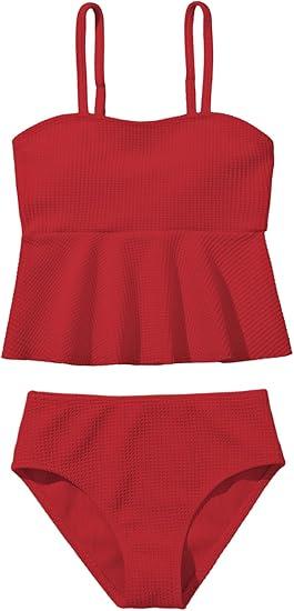 Women's 2 Piece High Waisted Ruffle Waffle Swimsuit Bathing Suit Bikini Sets, M, Red