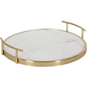 Kate and Laurel Marbury Modern Round Tray, 14 inch Diameter, White Marble and Gold, Contemporary Marble Tray for Storage and Display