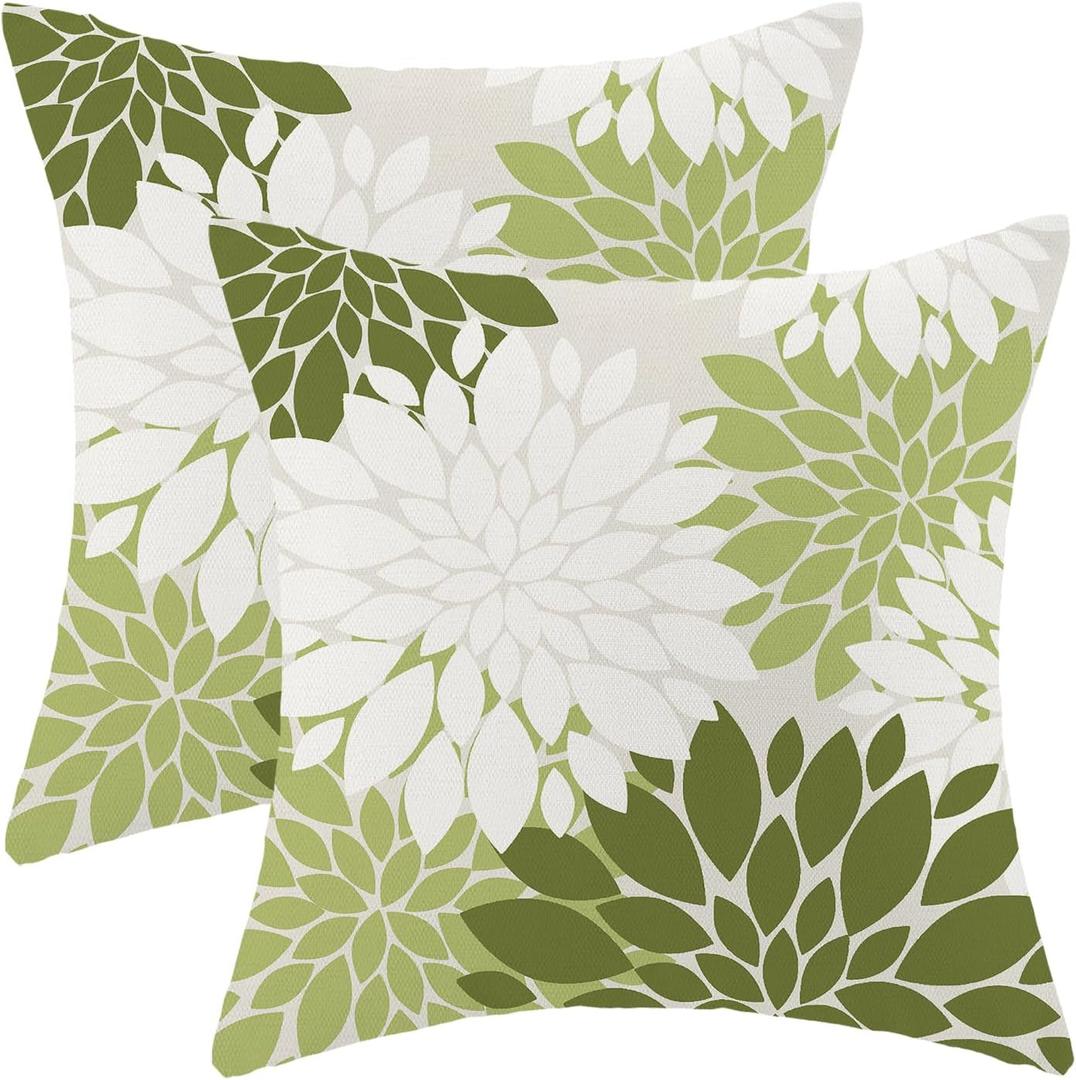 CXMEIFLY Sage Green White Summer Outdoor Pillow Covers 18x18 Inch Set of 2 Olive Green Dahlia Floral Decor Throw Pillows Modern Geometry Flower Decorative Cushion Cases for Sofa Couch Bed Decorations