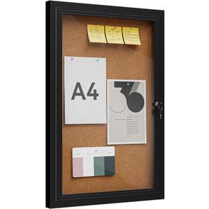 36"x24" Lockable Enclosed Bulletin Board, Outdoor Cork Weather-Resistant Aluminum Frame Notice Board, Wall Mounted Display Case Acrylic Doors for School,Office,Black Frame w/Cork