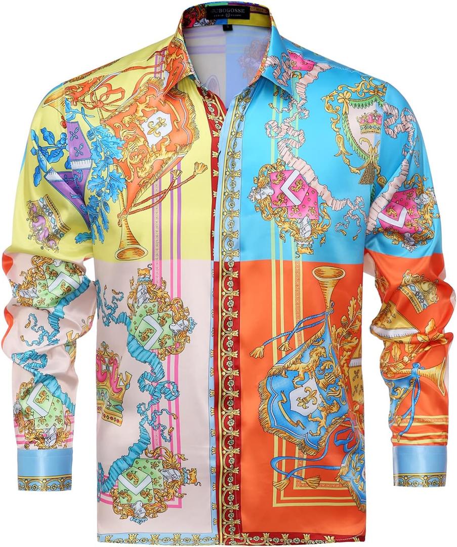 Mens Luxury Brand Print Silk Satin Design Button Down Dress Shirt (XL)