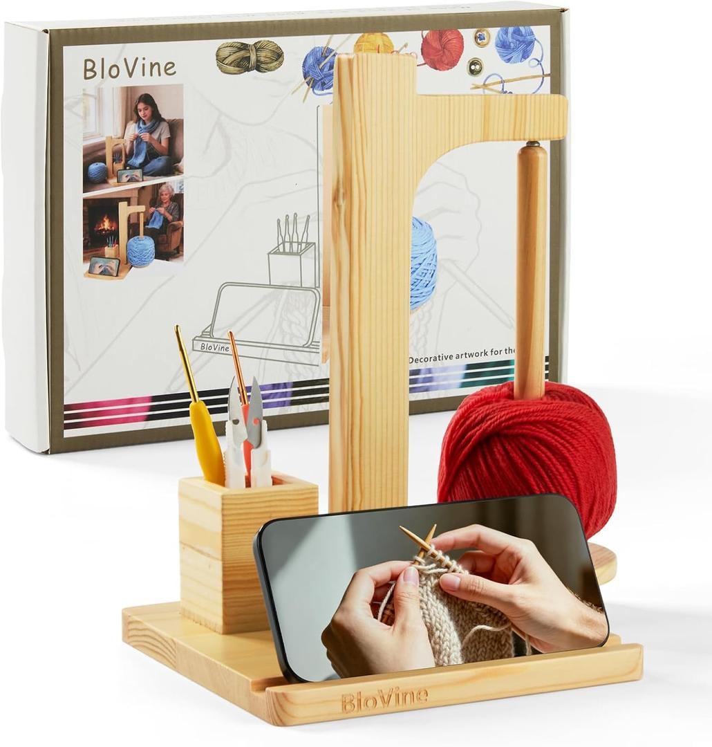 BloVine Upgraded Wooden & Magnetic Yarn Holder for Crocheting,Ideal Christmas Gift for Knitters with Phone Holder & Needle Storage, in Elegant Gift Box