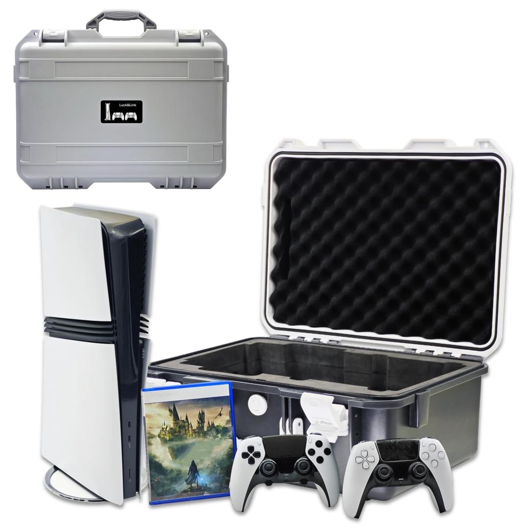 Hard Shell Travel Case Compatible with PlayStation 5 Pro Console, Controllers,Accessories-Waterproof PS5 Pro Carrying Case with Customized Foam for Both Standard and Digital Editions (Black And White)
