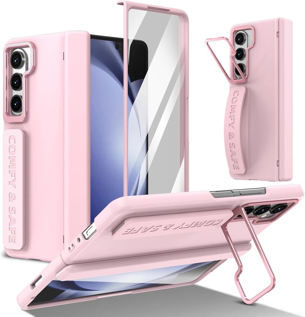 THMEIRA Wrist Strap for Samsung Galaxy Z Fold 5 Case Built-in Screen Protector Hinge Protection Camera Kickstand, Wristband Design Full Body Shockproof Protective Cover, Pink